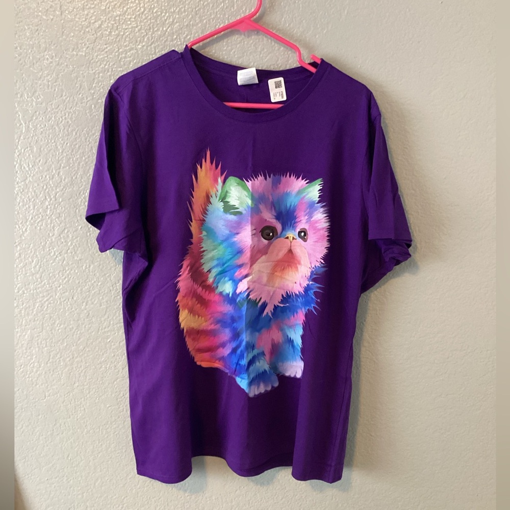 Gildan Purple Tee with Cat Graphic NWT